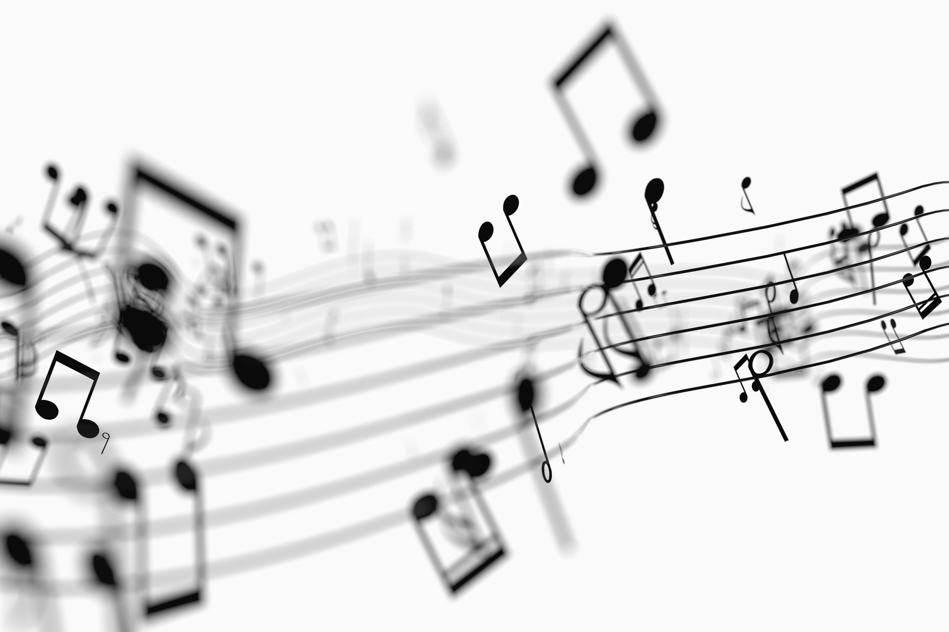 Notas da música preta com fundo branco, rendição 3D.